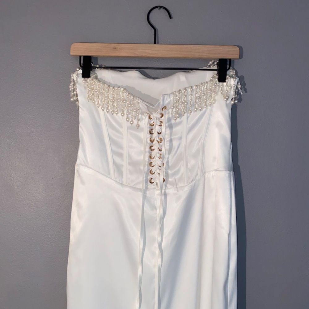 Beaded Lace-up Corset Strapless White Wedding Dress Large - Picture 9 of 14